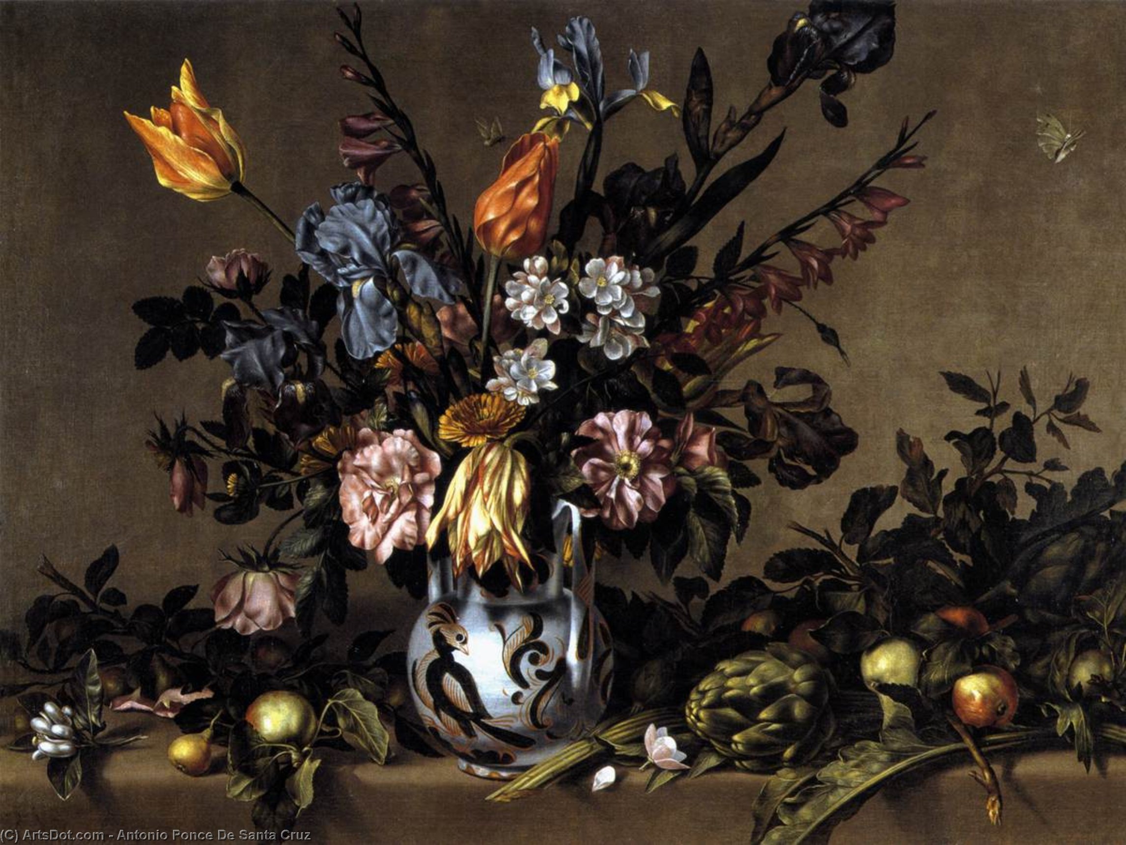 Still-life With Flowers, Artichokes And Fruit — Antonio Ponce De Santa Cruz