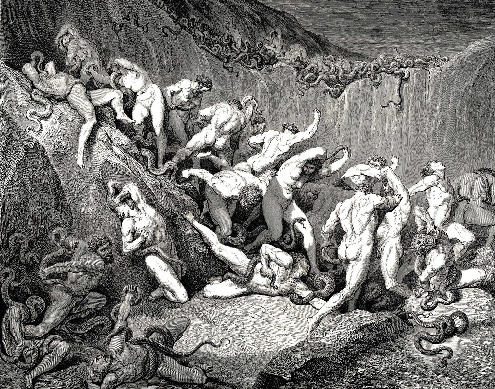 Die Hölle, Cantos 24, Verszeile 89-92. Unter Dieser Erschreckende Überflutung Von Leid Lässt Sich Ein Geist Nackt Mit Schrecken Geflügelt Und Hoffnung Hatte Er Kein Loch Zum Verbergen Oder Heliotrop Zu Locken Ihn Aus Der Sicht Hervor. — Paul Gustave Doré