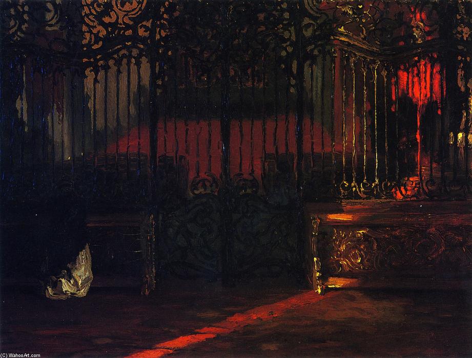 Church Interior With Woman At Prayer, Before A Rococo Iron Grille — Adolph Von Menzel
