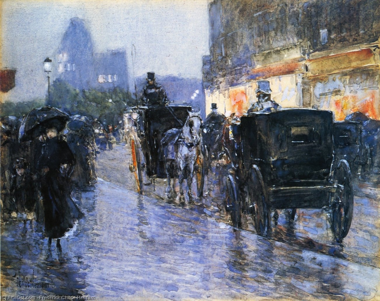 Horse Drawn Cabs At Evening, New York — Frederick Childe Hassam