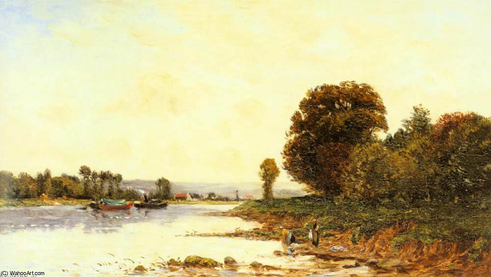 Washerwomen In A River Landscape With Steamboats Beyond — Hippolyte Camille Delpy