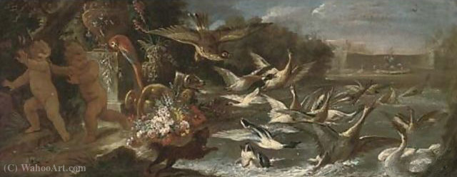 An Eagle Attacking Ducks In A Pond With Putti Escaping In An Italianate Garden — Baldassarre De Caro