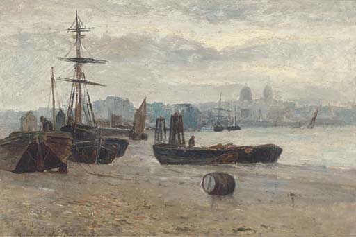 Beached Ships With A Townscape In The Distance — Gustave De Breanski
