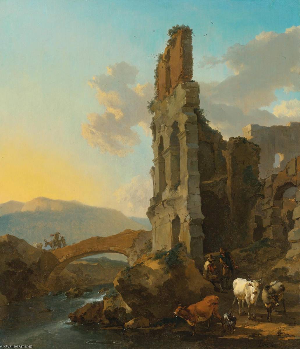 Italianate River Landscape With Herdsmen By The Ruins Of An Amphitheatre, And Peasants Crossing A Bridge — Nicolaes Pietersz Berchem