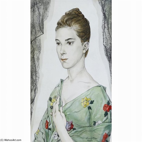 Portrait De Jeune Femme Au Chale Vert — Léonard Tsuguharu Foujita