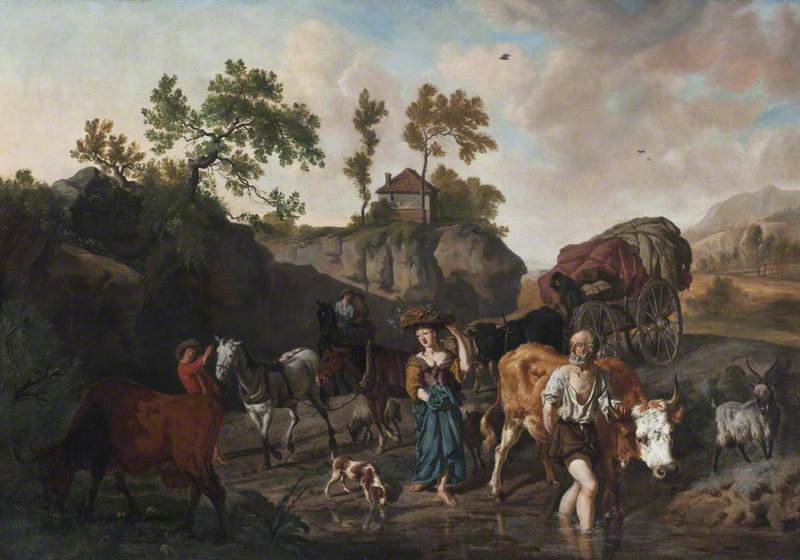 Landscape With An Old Herdsman And Young Market Girl Fording A Stream Followed By Two Horse And Carts With Grooms — Dirck Van Den Bergen