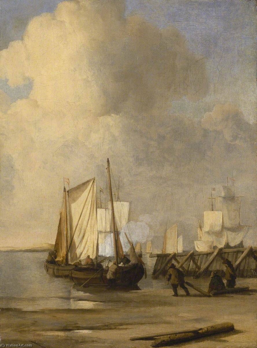 A Kaag Coming Ashore Near A Groyne With Ships And Vessels Under Sail Beyond — Вилем Ван Де Велде Старији
