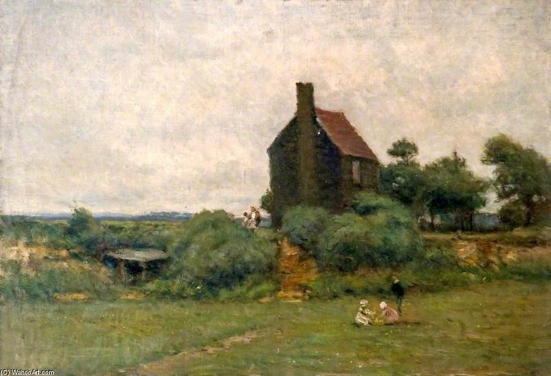 Cottage With Children Picking Flowers - — Wilfred Williams Ball