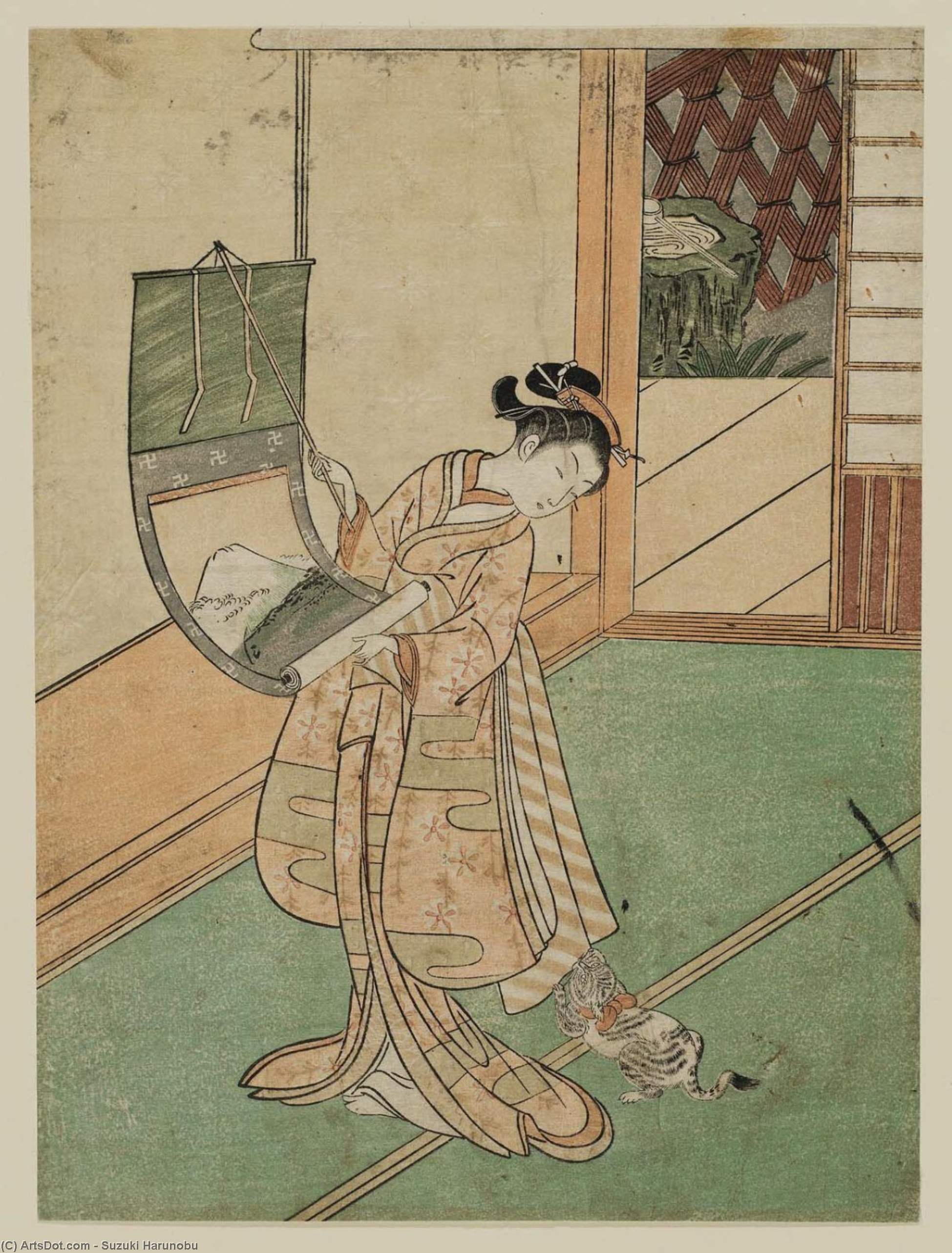 Woman Hanging A Scroll And Playful Cat — Suzuki Harunobu