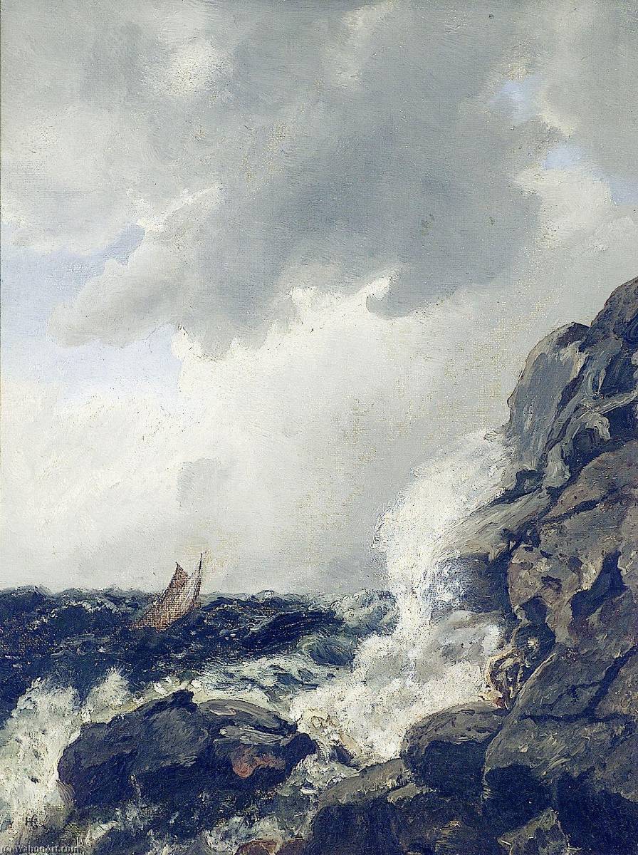 Kystlandskap Med Båt English Costal Landscape With Boat — Hans Fredrik Gude
