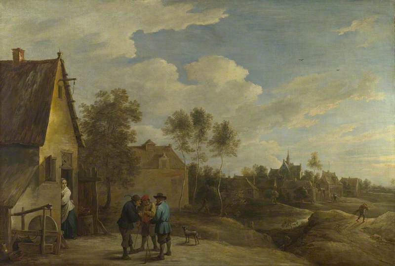 A View Of A Village With Three Peasants Talking In The Foreground — David Teniers The Younger