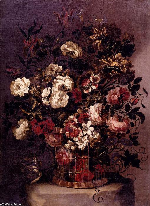 Still-life Of Flowers In A Woven Basket — Gabriel De La Corte