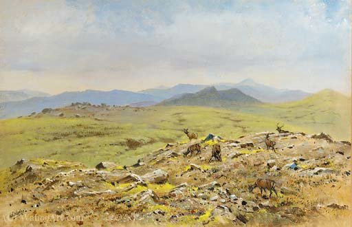 Red Deer Grazing On An Extensive Moorland Landscape — George Edward Lodge