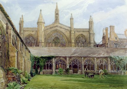 New College Cloisters With Gardener — John Fulleylove