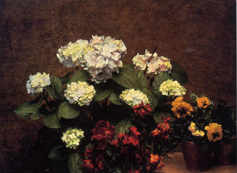 Hydrangias, Cloves And Two Pots Of Pansies — Henri Fantin-latour