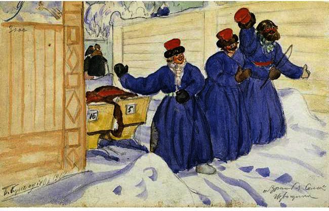 Three Coachmen In The Snow — Boris Mikhailovich Kustodiev