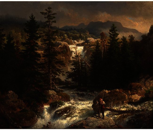 A Fisherman Inspecting His Catch Near A Mountain Torrent — Andreas Achenbach