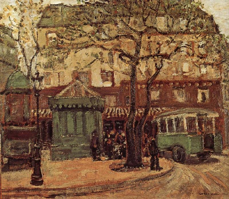 Greenish Bus In Street Of Paris — Grant Wood