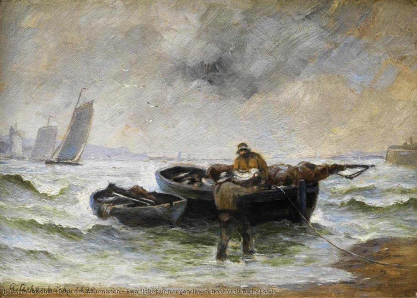 Two Fishermen Unloading A Boat With Furled Sails — Andreas Achenbach