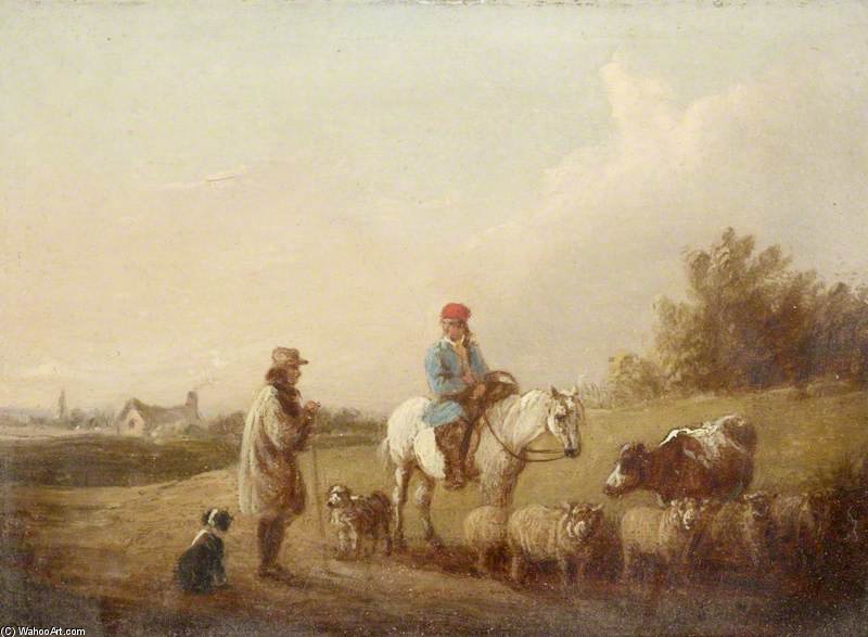 Horseman And Herdsman Conversing On A Road — Edmund Bristow