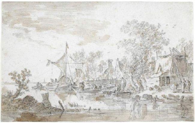 Farm Buildings By A River; Several Boats On River — Jan Josephszoon Van Goyen