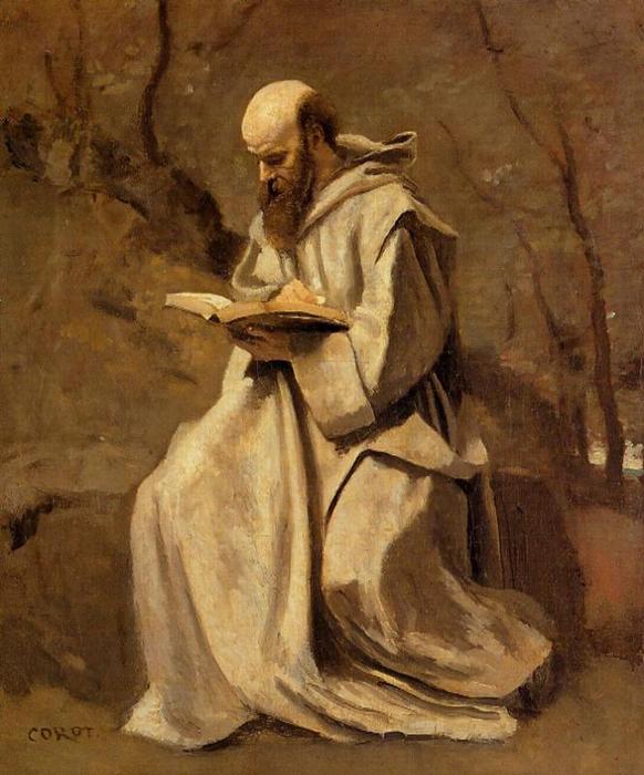 Monk In White, Seated, Reading — Jean-baptiste-camille Corot