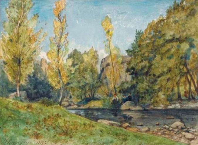 A Landscape With Fishermen Along The Aumance In Allier — Henri-joseph Harpignies