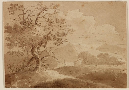 Large Trees In Foreground, Two Figures, House, Lake And Mountains — Thomas Cole