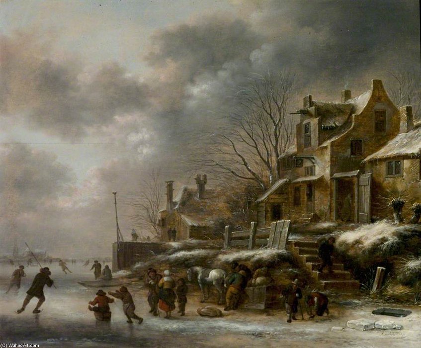 Winter Scene, River With Figures Skating — Klaes Molenaer