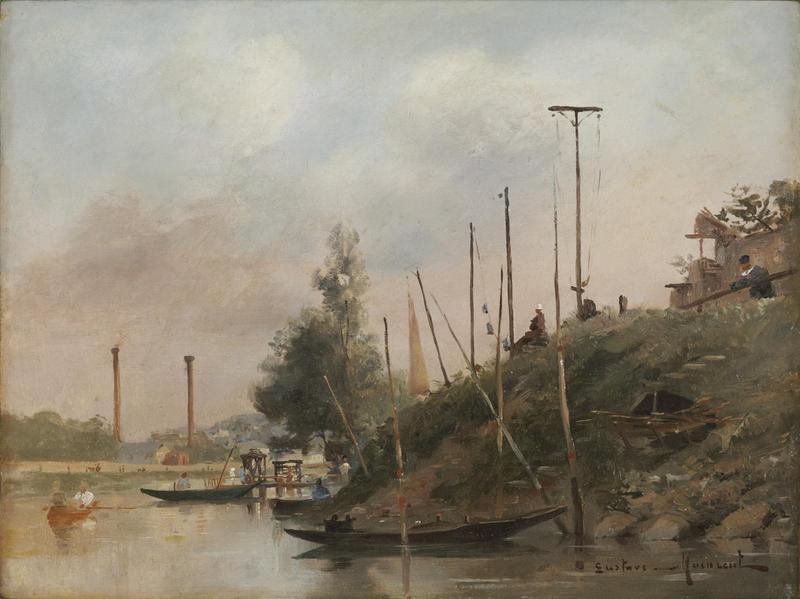 Bords De Rivière Animés Avec Installations De Mâts De Signalisation Pour Les Régates De Bateaux À Voile — Gustave Maincent