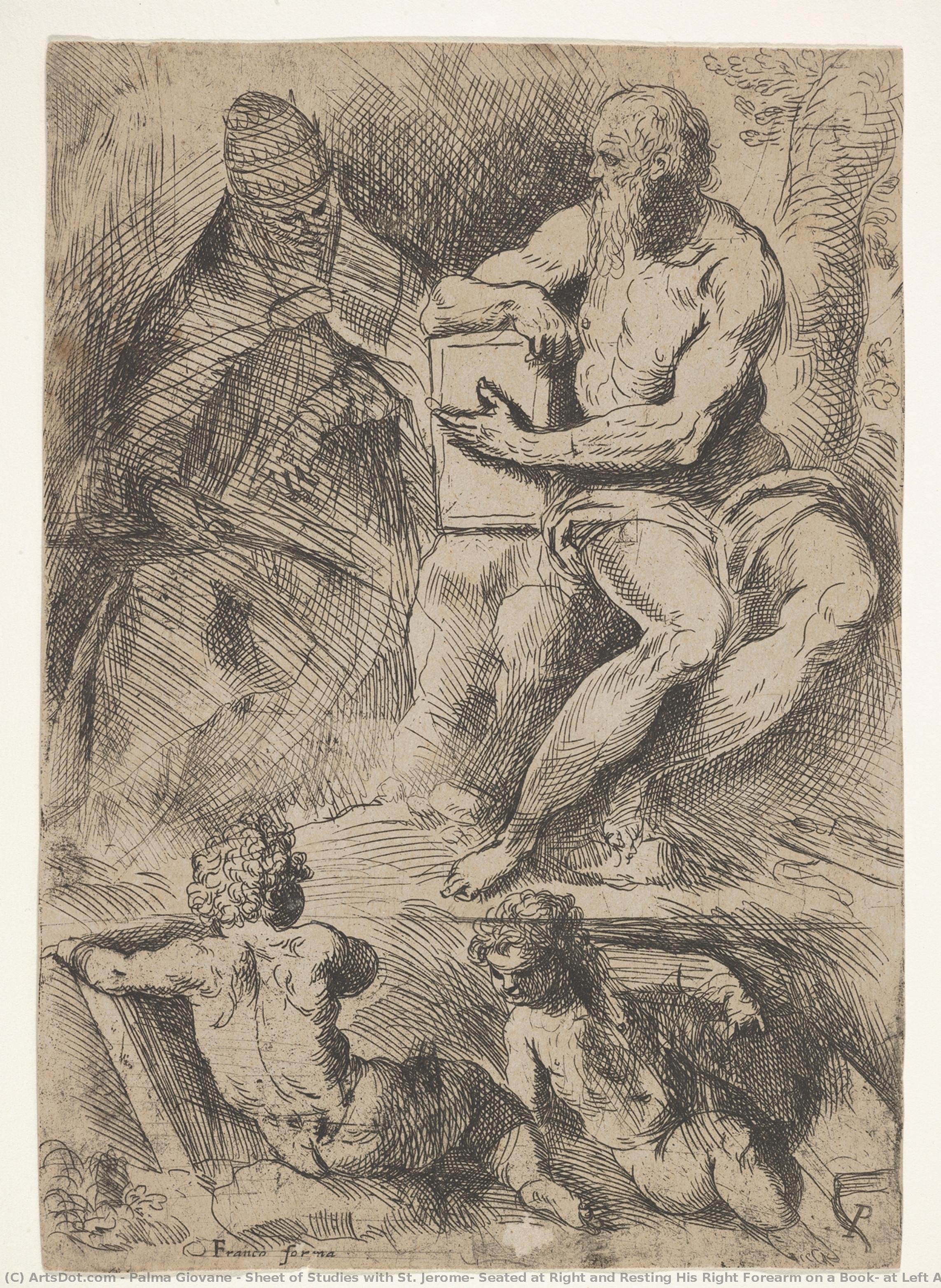 Sheet Of Studies With St. Jerome, Seated At Right And Resting His Right Forearm On A Book, At Left An Ecclesiastical Figure Wearing A Cope And Miter, And At Bottom Two Putti — Jacopo Palma Il Giovane