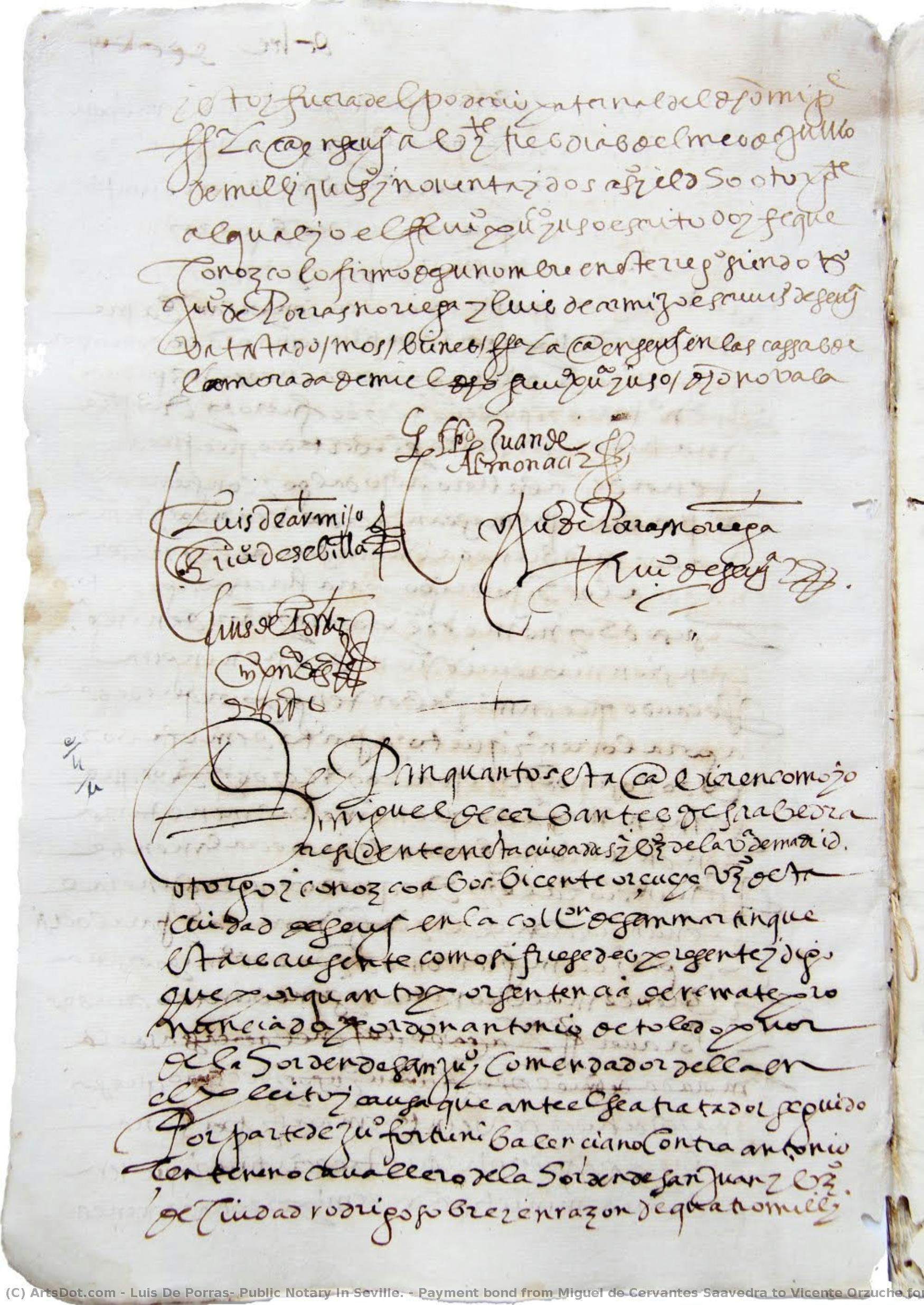 Payment Bond From Miguel De Cervantes Saavedra To Vicente Orzuche For His Provision Of A Bond. — Luis De Porras, Public Notary In Seville.