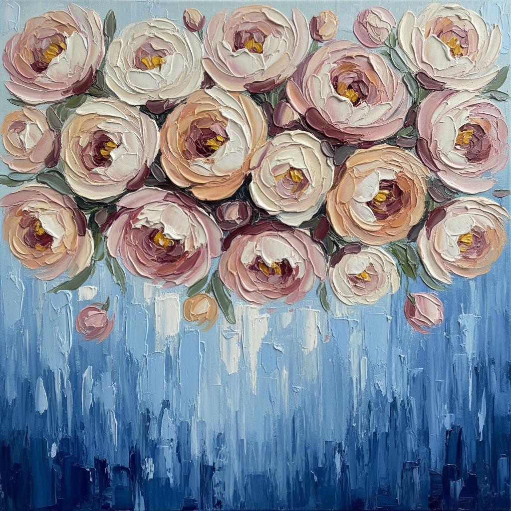 Ethereal Bloom In Sculptural Impasto: A Monumental Study Of Rose And Cerulean — Christian Noiret