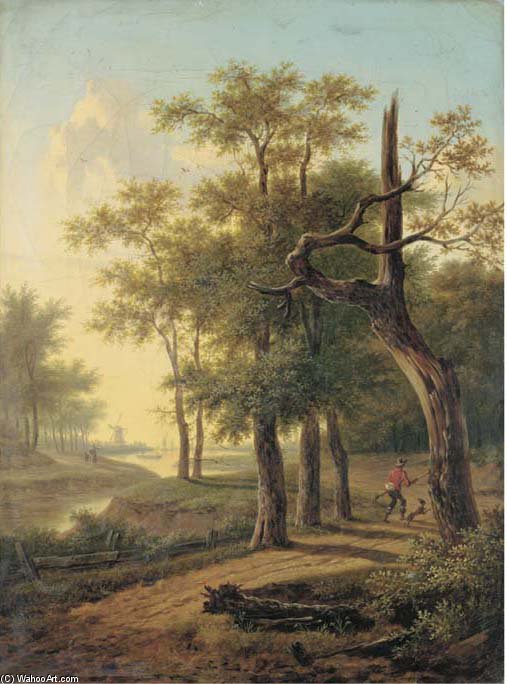A Hunter And His Dog In A Wooded River Landscape, A Windmill And Boats Beyond — Frans Swagers