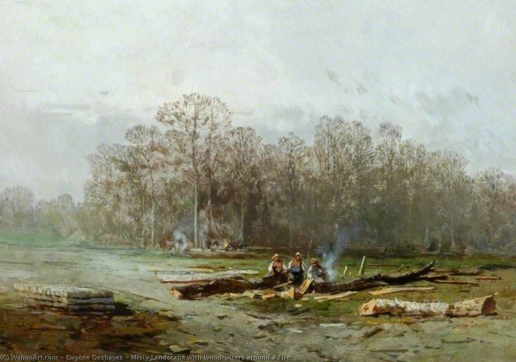 Misty Landscape With Woodcutters Around A Fire — Eugene Deshayes