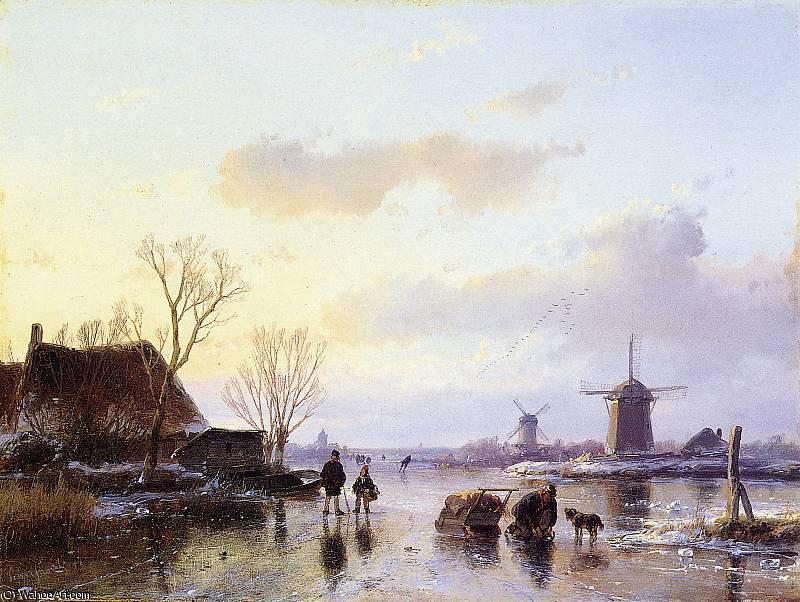 Mills Along Frozen Canal Sun — Andreas Schelfhout