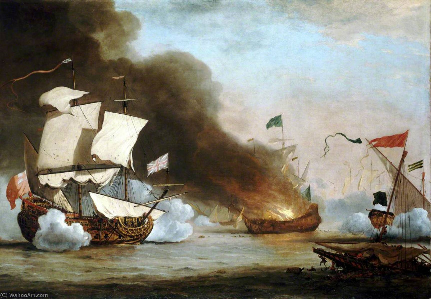 An English Ship In Action With Barbary Corsairs, C.1680 — Вилем Ван Де Велде Старији