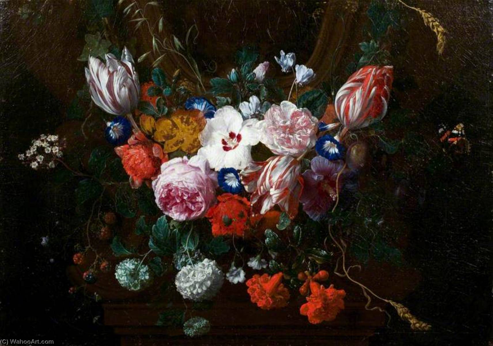 Flowers Beneath A Cartouche — Nicolaes Van Verendael