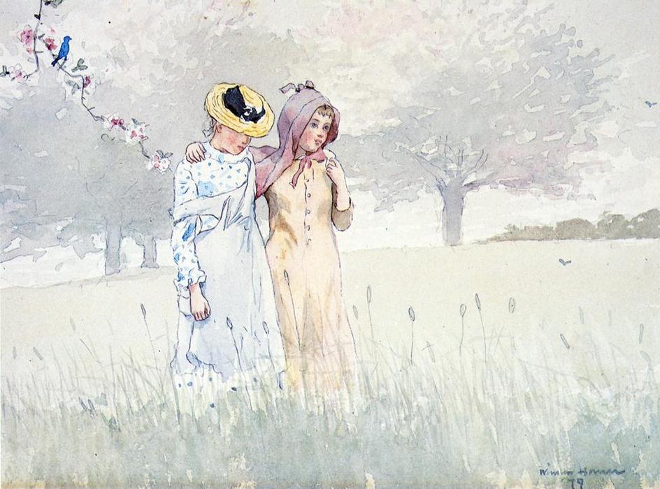 Girls Strolling In An Orchard — Winslow Homer