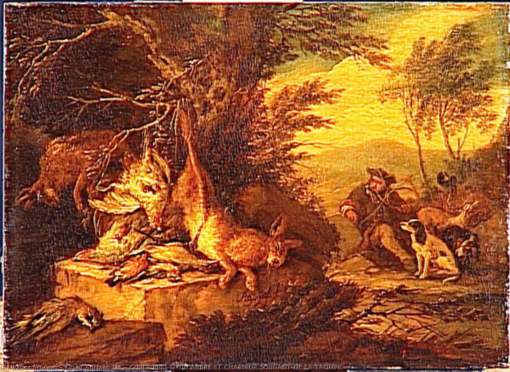 Gibier Pres D'un Arbre Et Chasseur Sonnant De La Trompe — Adriaen De Gryef