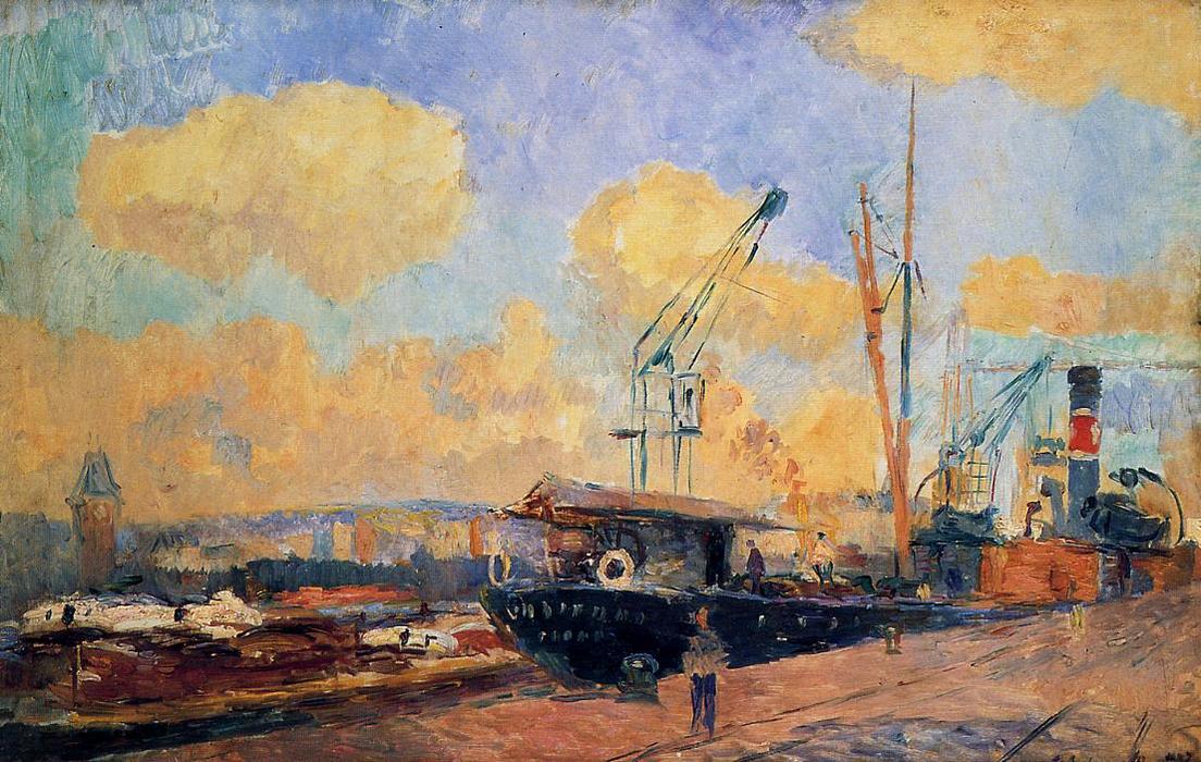 Steamers And Barges In The Port Of Rouen, Sunset — Albert-charles Lebourg