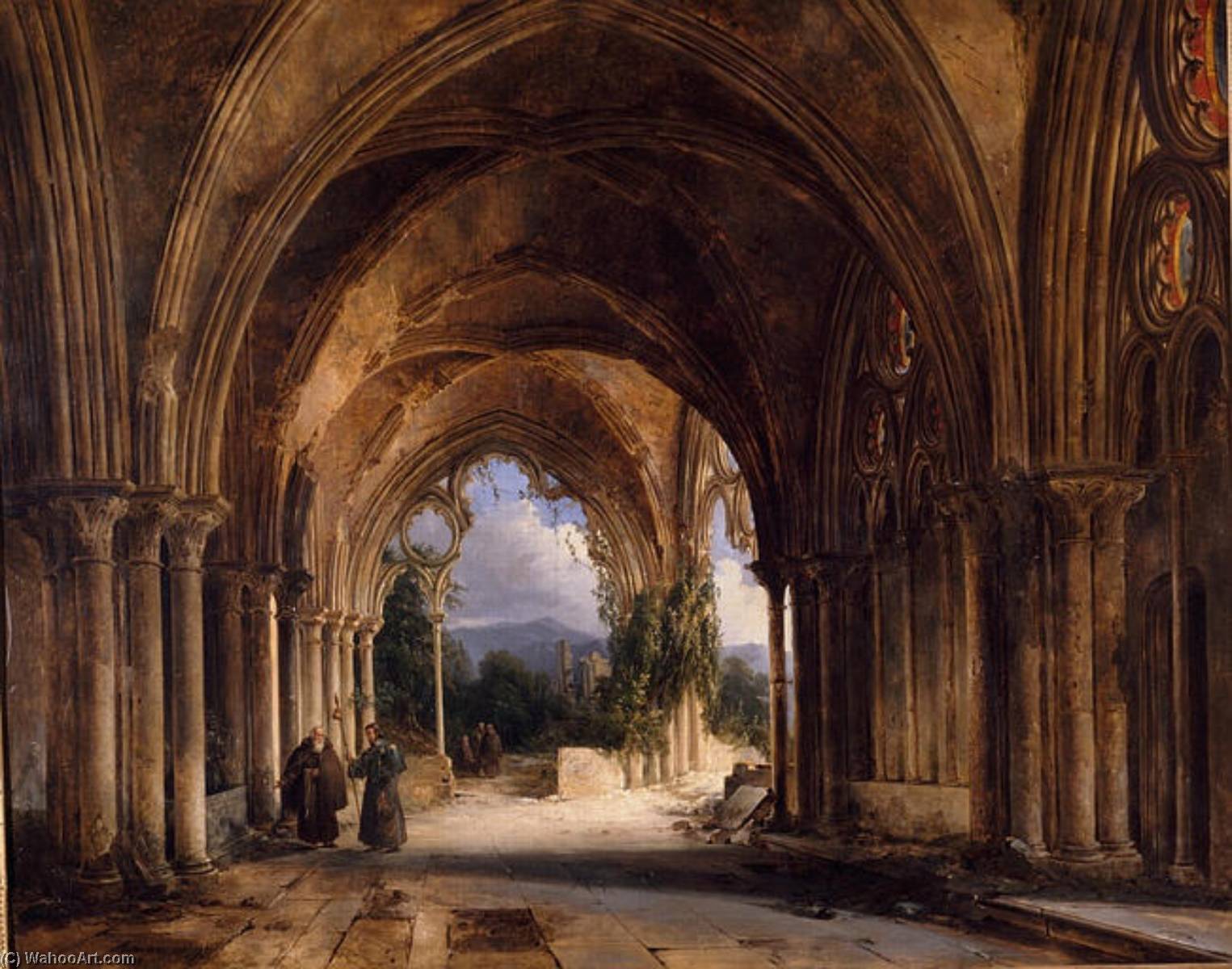 Moines Dans Une Église Gothique En Ruines — Renoux Charles Caius