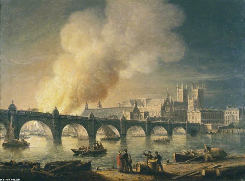 Westminster Bridge And The Burning Of The Houses Of Parliament From Lambeth, London — Thomas Luny
