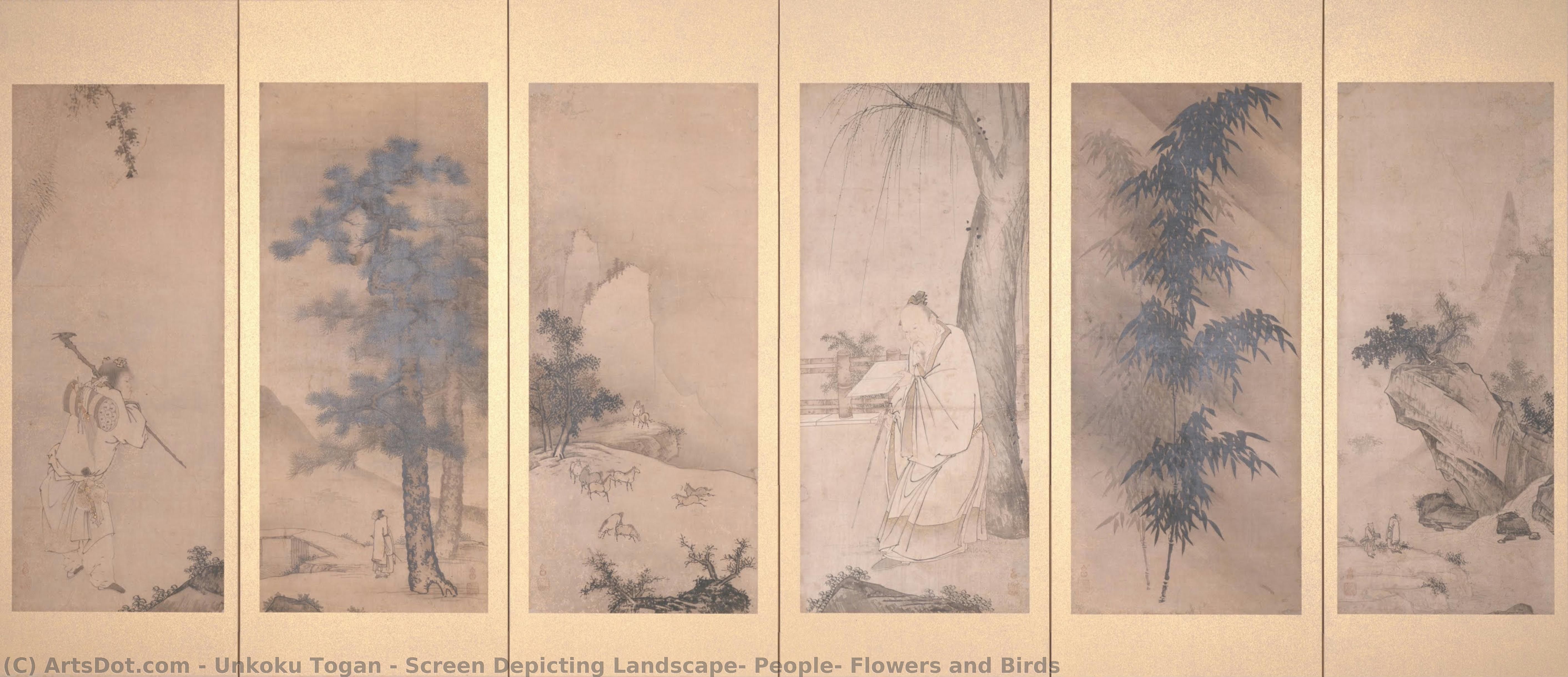 Screen Depicting Landscape, People, Flowers And Birds — Unkoku Tōgan