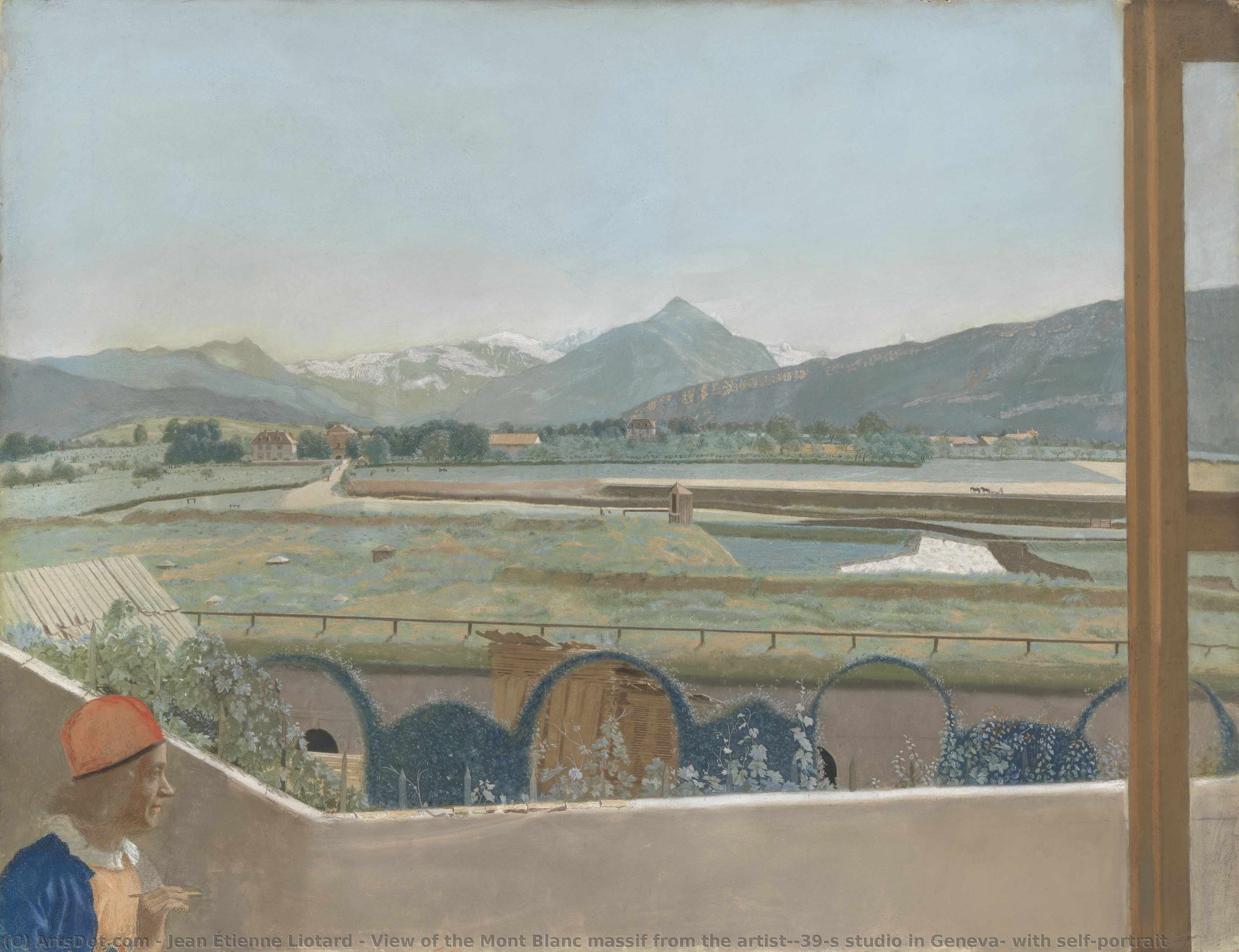 View Of The Mont Blanc Massif From The Artist's Studio In Geneva, With Self-portrait — Žan-etjen Liotard
