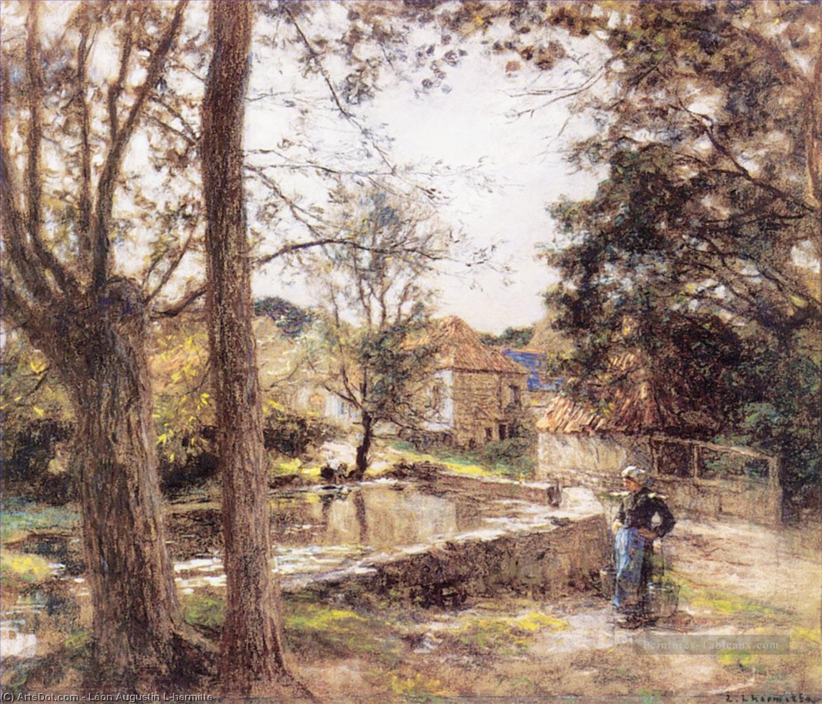 Washerwomen At A Stream With Buildings Beyond — Léon Augustin L'hermitte