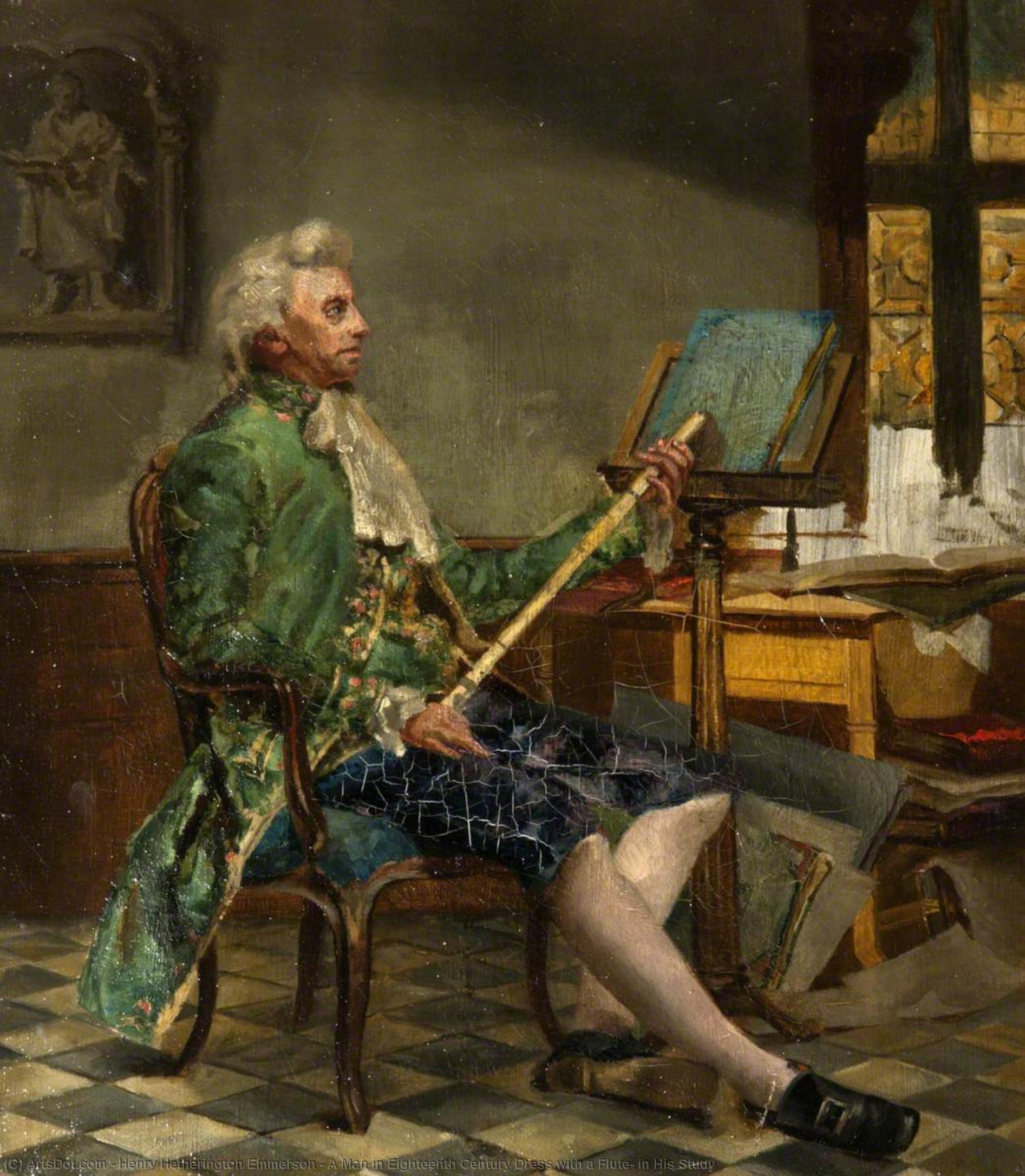A Man In Eighteenth Century Dress With A Flute, In His Study — Henry Hetherington Emmerson