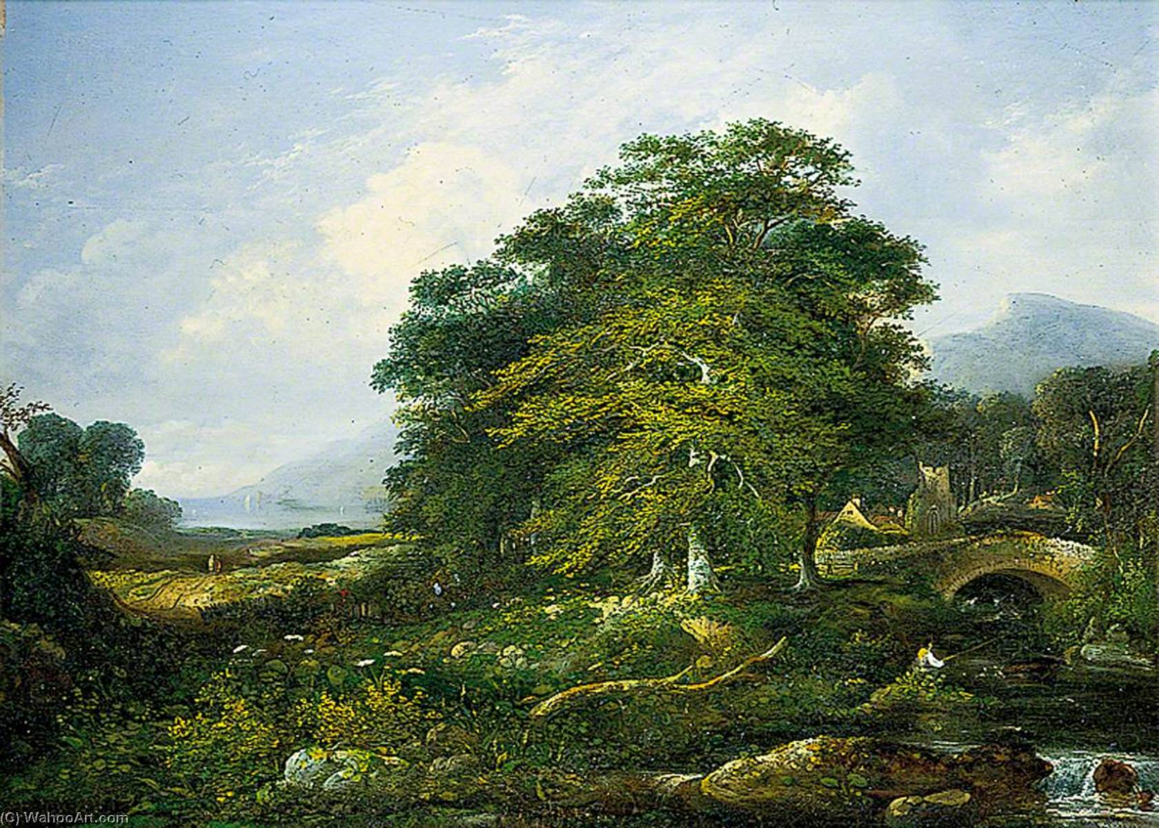 Landscape With A Bridge And A Man Fishing — William Henry Crome