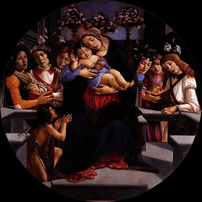 Virgin And Child With Six Angels And The Baptist — Sandro Botticelli