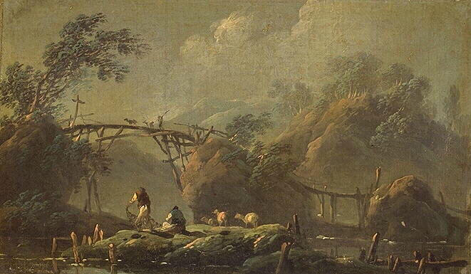Paysage Au Pont, Pecheur Et Berger — Jean-baptiste Pillement